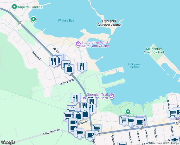 map of restaurants, bars, coffee shops, grocery stores, and more near 9 Harbour Street East in Collingwood