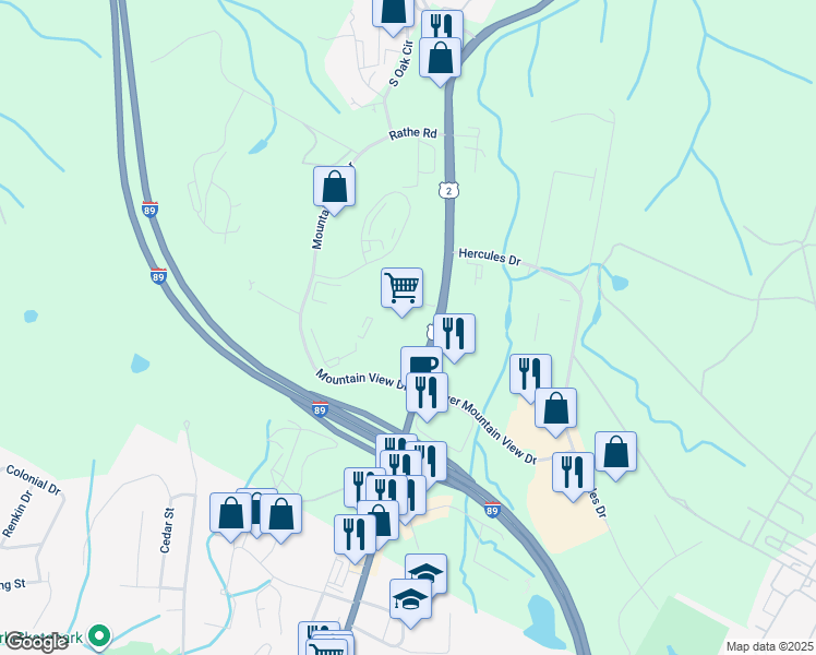 map of restaurants, bars, coffee shops, grocery stores, and more near 66 Mountain View Drive in Colchester