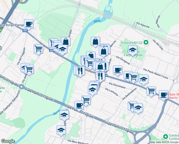 map of restaurants, bars, coffee shops, grocery stores, and more near 26 Via Emilia Ponente in Bologna