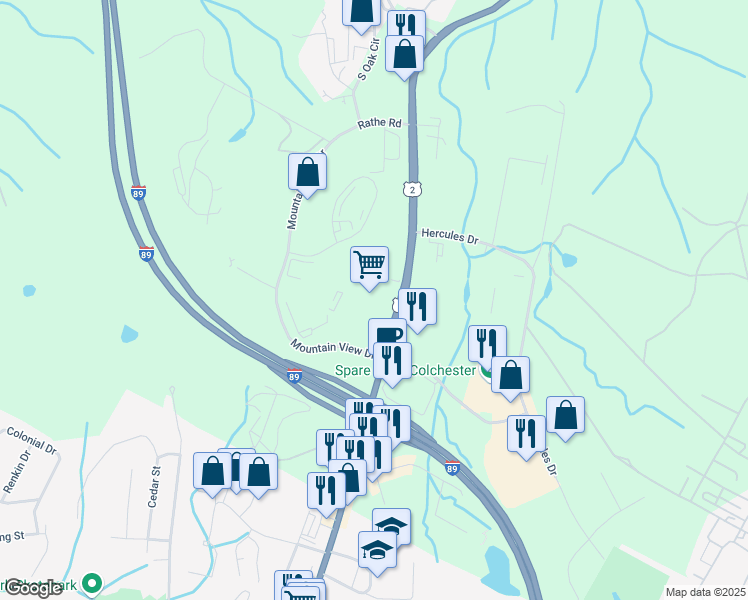 map of restaurants, bars, coffee shops, grocery stores, and more near 66 Mountain View Drive in Colchester