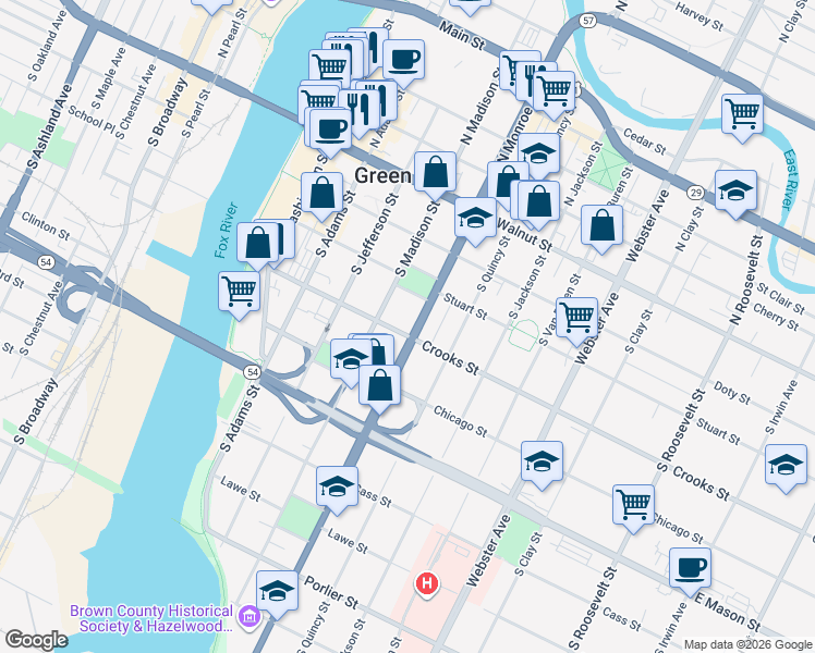 map of restaurants, bars, coffee shops, grocery stores, and more near 340 South Monroe Avenue in Green Bay