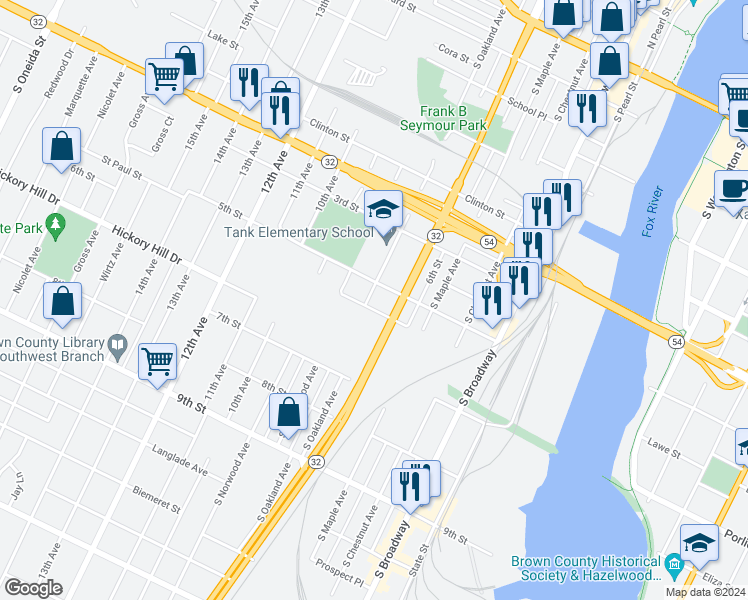 map of restaurants, bars, coffee shops, grocery stores, and more near 915 South Oakland Avenue in Green Bay