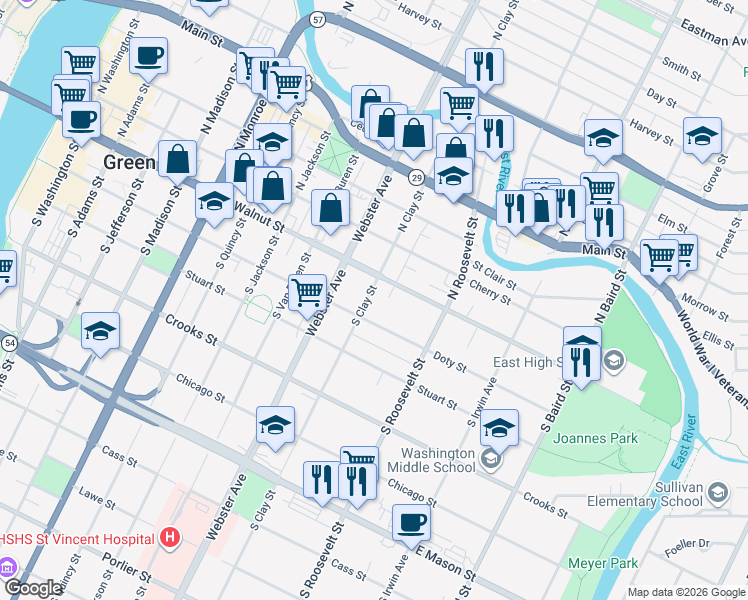 map of restaurants, bars, coffee shops, grocery stores, and more near 111 South Clay Street in Green Bay