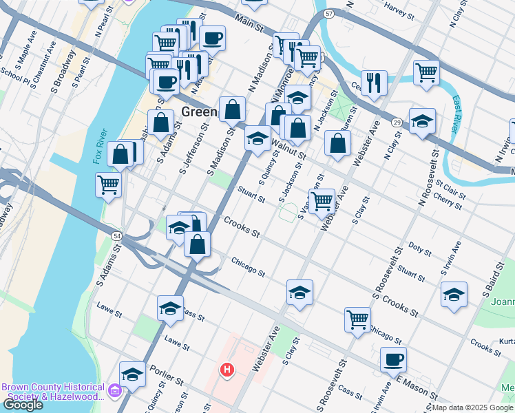 map of restaurants, bars, coffee shops, grocery stores, and more near 304 South Quincy Street in Green Bay