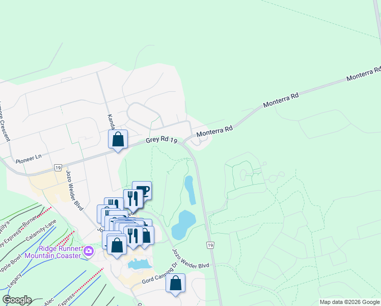 map of restaurants, bars, coffee shops, grocery stores, and more near 589370 Grey County Road 19 in The Blue Mountains