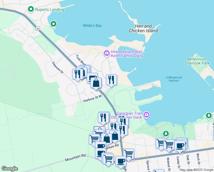 map of restaurants, bars, coffee shops, grocery stores, and more near 5 Harbour Street East in Collingwood