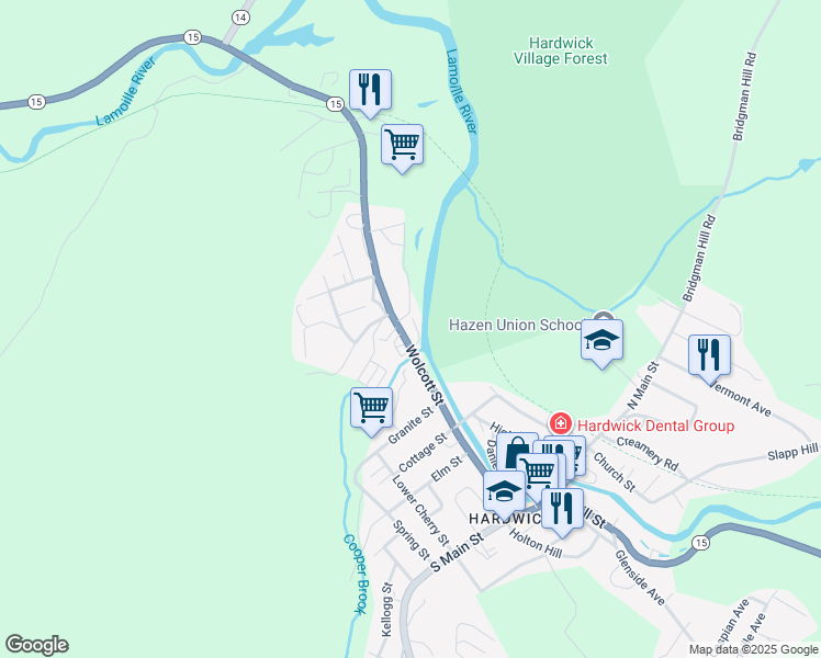 map of restaurants, bars, coffee shops, grocery stores, and more near 420 Wolcott Street in Hardwick