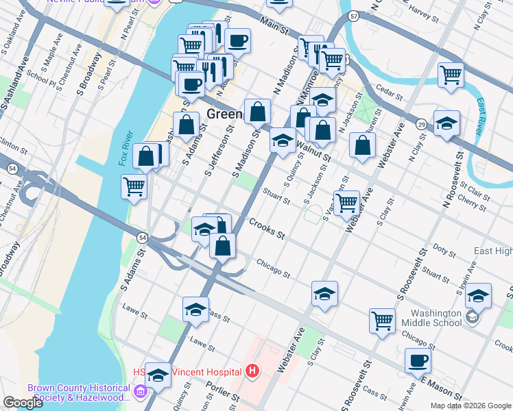 map of restaurants, bars, coffee shops, grocery stores, and more near 322 South Monroe Avenue in Green Bay