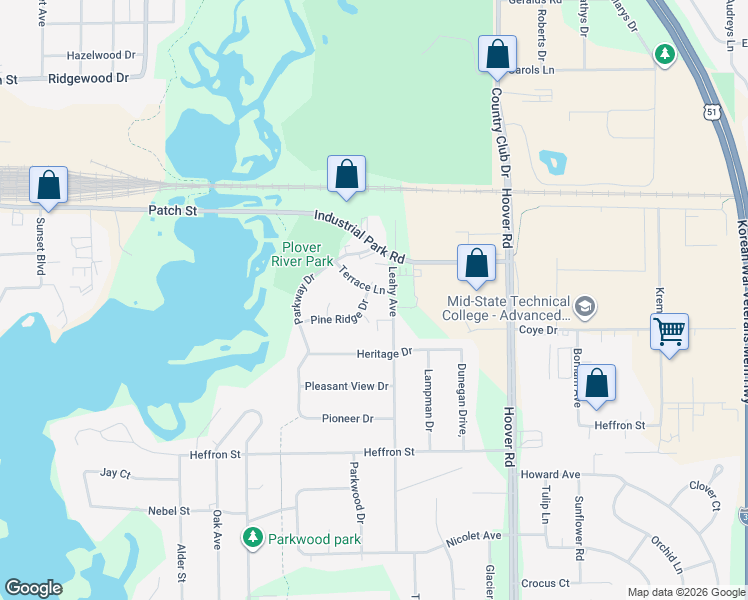 map of restaurants, bars, coffee shops, grocery stores, and more near 4509 Pine Ridge Drive in Stevens Point