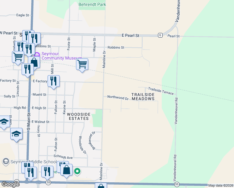 map of restaurants, bars, coffee shops, grocery stores, and more near 915 Northwood Drive in Seymour