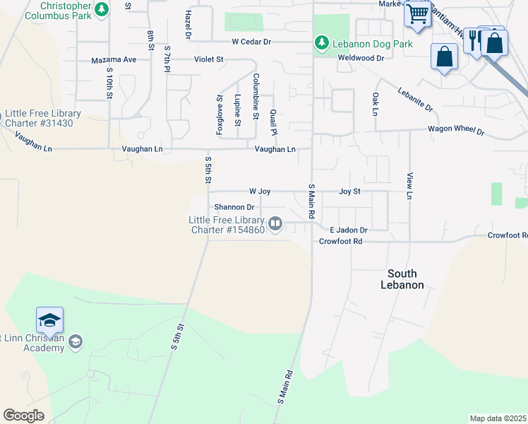 map of restaurants, bars, coffee shops, grocery stores, and more near 281 Shannon Drive in Lebanon