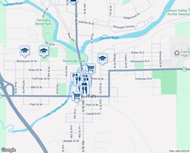 map of restaurants, bars, coffee shops, grocery stores, and more near 224 Hoffman Street West in Cannon Falls
