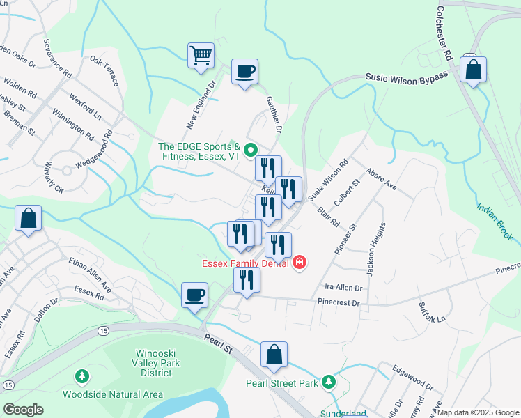 map of restaurants, bars, coffee shops, grocery stores, and more near 10 Kellogg Road in Essex