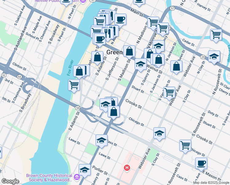 map of restaurants, bars, coffee shops, grocery stores, and more near 501 Crooks Street in Green Bay