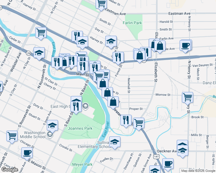 map of restaurants, bars, coffee shops, grocery stores, and more near 1456 Cedar Street in Green Bay