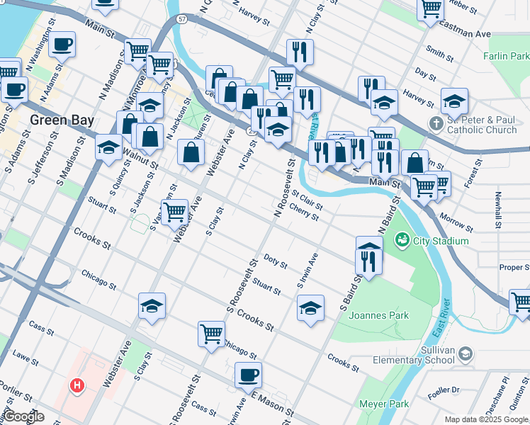 map of restaurants, bars, coffee shops, grocery stores, and more near 111 North Roosevelt Street in Green Bay