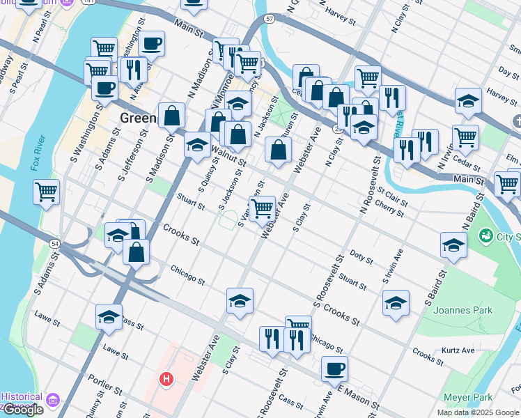 map of restaurants, bars, coffee shops, grocery stores, and more near 915 Doty Street in Green Bay