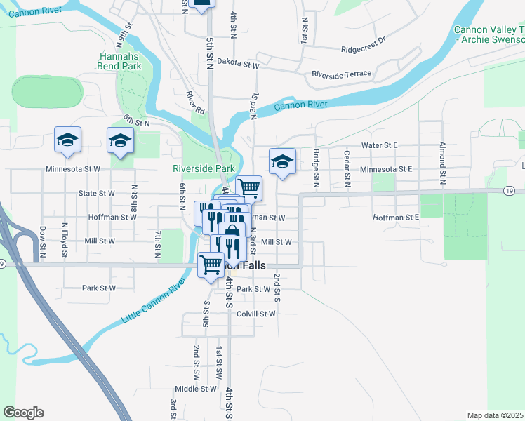 map of restaurants, bars, coffee shops, grocery stores, and more near 319 North 3rd Street in Cannon Falls