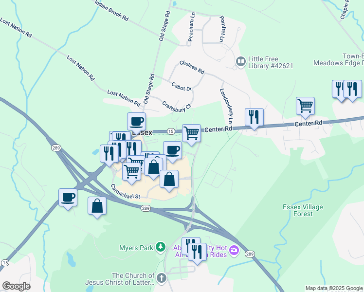 map of restaurants, bars, coffee shops, grocery stores, and more near 22 Carmichael Street in Essex Junction