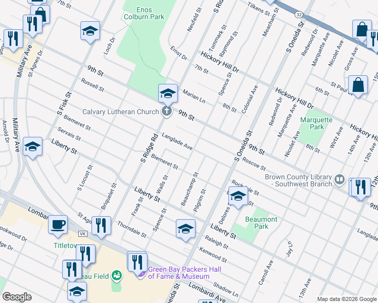 map of restaurants, bars, coffee shops, grocery stores, and more near 1404 Spence Street in Green Bay