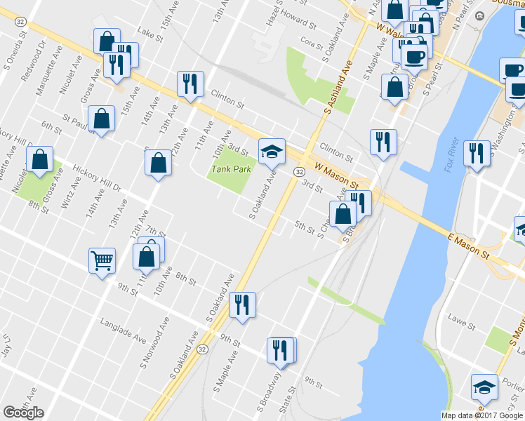map of restaurants, bars, coffee shops, grocery stores, and more near 901 South Oakland Avenue in Green Bay