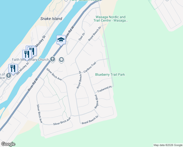 map of restaurants, bars, coffee shops, grocery stores, and more near 3 Woodside Court in Wasaga Beach