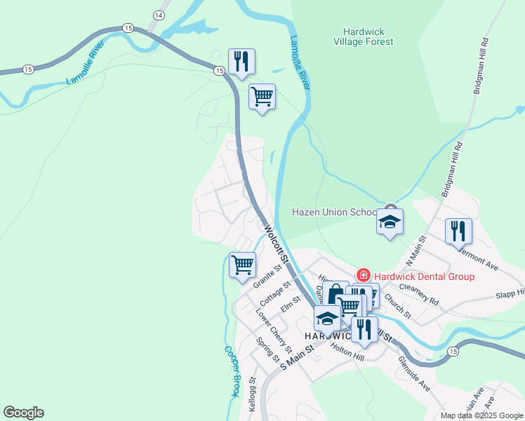 map of restaurants, bars, coffee shops, grocery stores, and more near 420 Wolcott Street in Hardwick