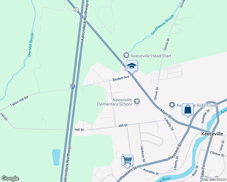 map of restaurants, bars, coffee shops, grocery stores, and more near 1 Derek Dr in Keeseville