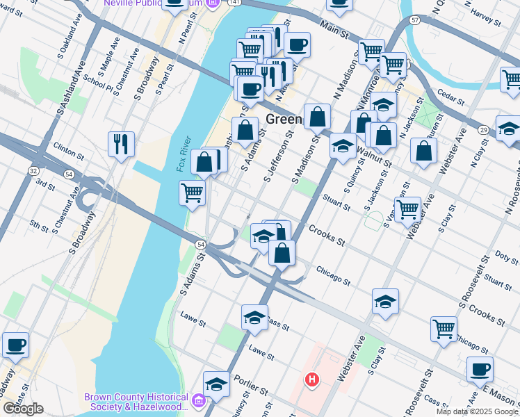 map of restaurants, bars, coffee shops, grocery stores, and more near 403 S Jefferson St in Green Bay