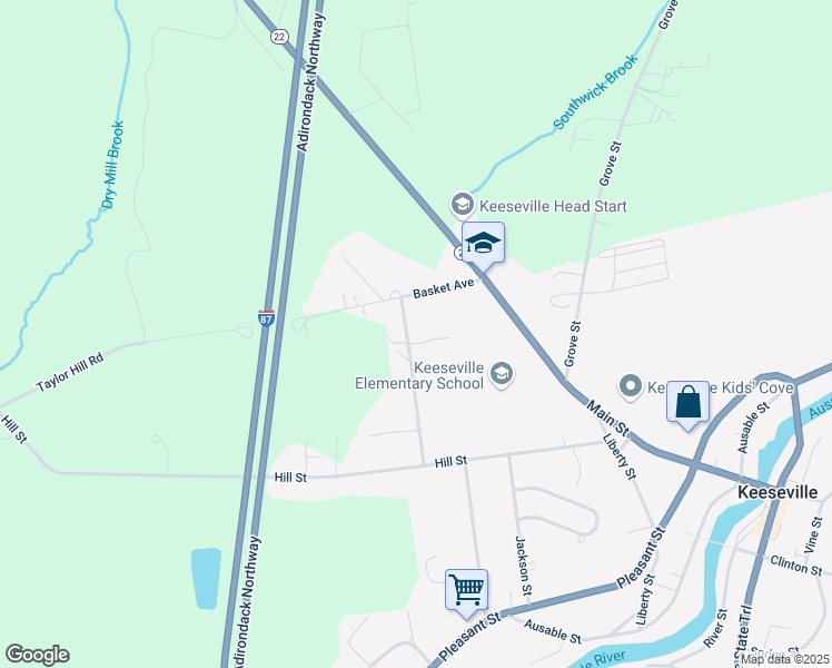 map of restaurants, bars, coffee shops, grocery stores, and more near 1 Derek Dr in Keeseville