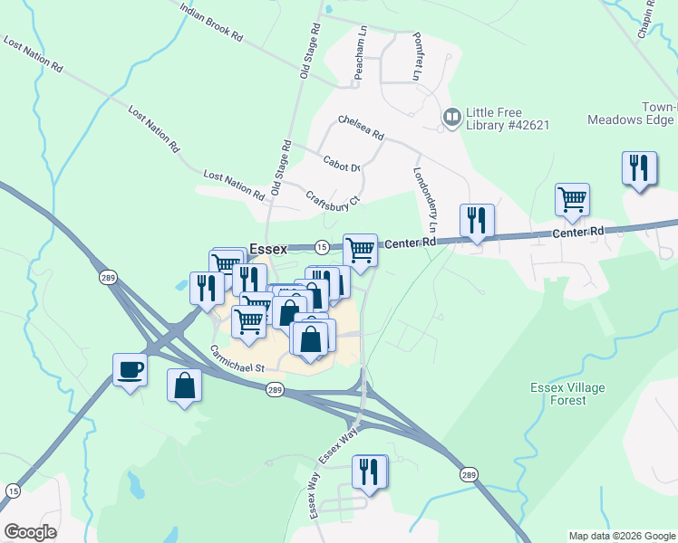 map of restaurants, bars, coffee shops, grocery stores, and more near 20 Carmichael Street in Essex
