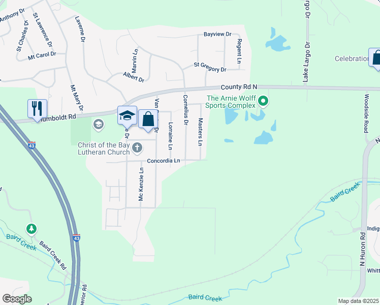 map of restaurants, bars, coffee shops, grocery stores, and more near 456 Cornelius Drive in Green Bay