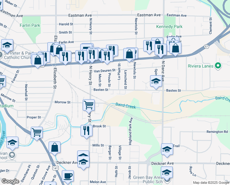 map of restaurants, bars, coffee shops, grocery stores, and more near 1904 Basten Street in Green Bay