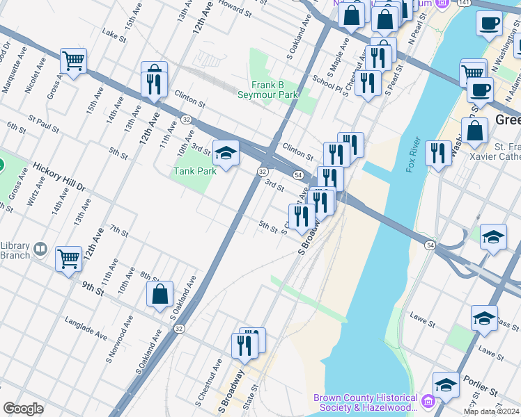 map of restaurants, bars, coffee shops, grocery stores, and more near 528 4th Street in Green Bay