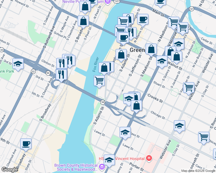 map of restaurants, bars, coffee shops, grocery stores, and more near 435 South Washington Street in Green Bay