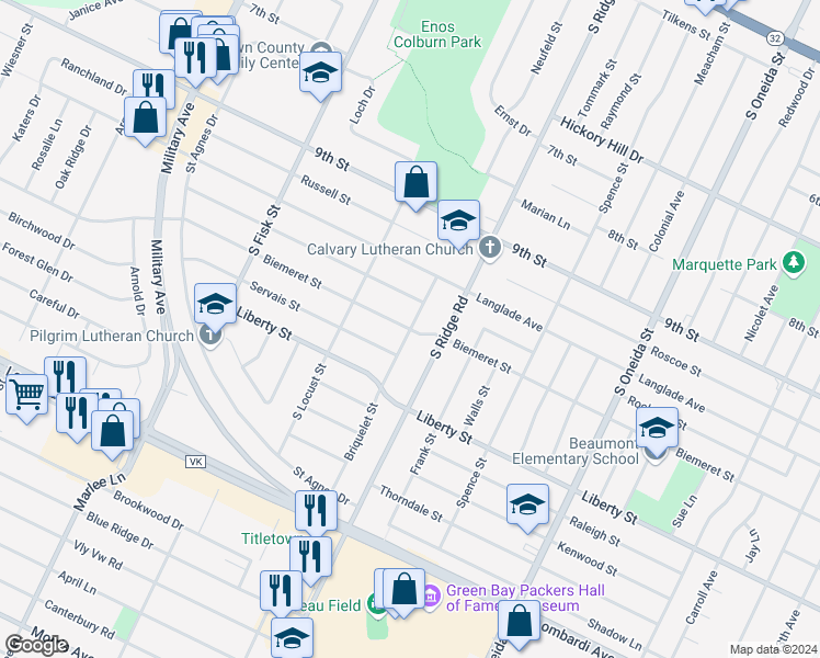 map of restaurants, bars, coffee shops, grocery stores, and more near Biemeret Street in Green Bay