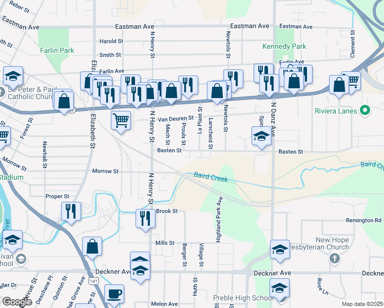 map of restaurants, bars, coffee shops, grocery stores, and more near 1914 Basten Street in Green Bay