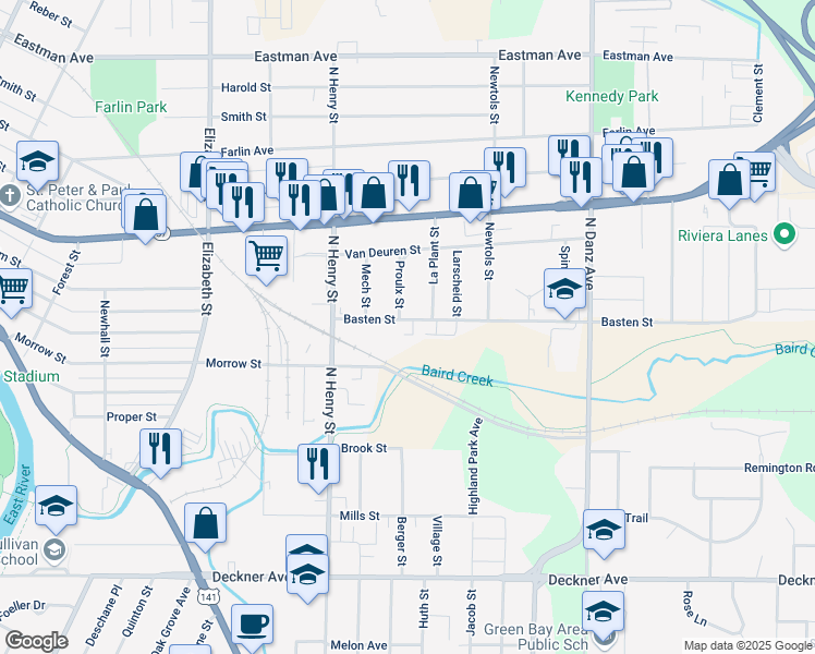 map of restaurants, bars, coffee shops, grocery stores, and more near 1904 Basten Street in Green Bay