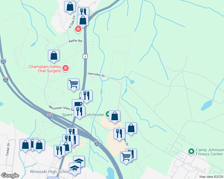 map of restaurants, bars, coffee shops, grocery stores, and more near 382 Hercules Drive in Colchester