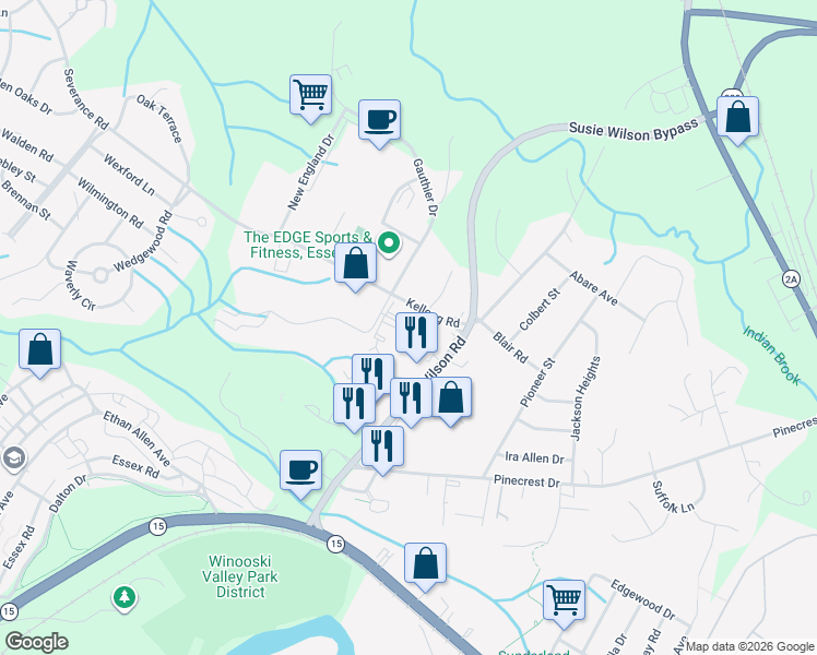 map of restaurants, bars, coffee shops, grocery stores, and more near 10 Kellogg Road in Essex