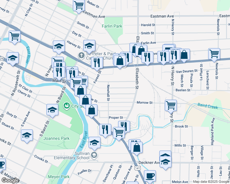 map of restaurants, bars, coffee shops, grocery stores, and more near 1539 Cedar Street in Green Bay