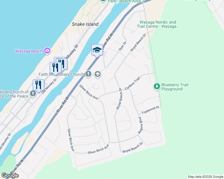 map of restaurants, bars, coffee shops, grocery stores, and more near 48 Caribou Trail in Wasaga Beach