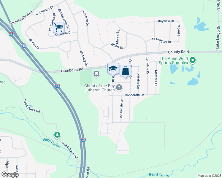 map of restaurants, bars, coffee shops, grocery stores, and more near 465 Laverne Drive in Green Bay