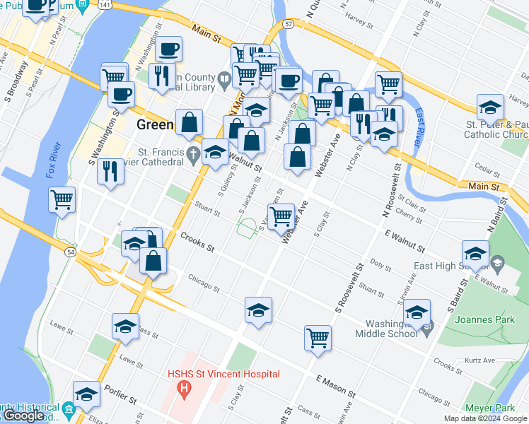 map of restaurants, bars, coffee shops, grocery stores, and more near 824 Doty Street in Green Bay
