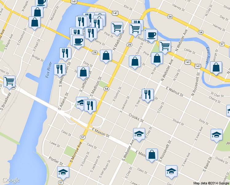 map of restaurants, bars, coffee shops, grocery stores, and more near 304 S Quincy St in Green Bay