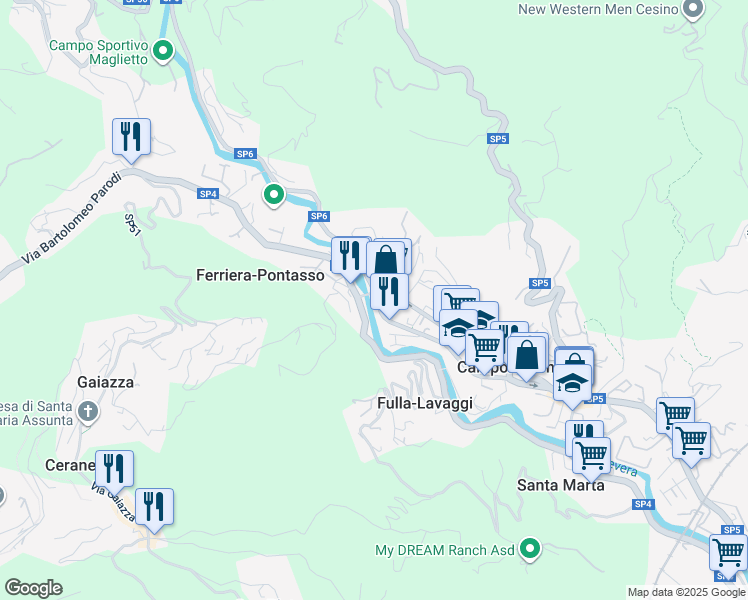 map of restaurants, bars, coffee shops, grocery stores, and more near 79 Via Martiri della Libertà in Campomorone