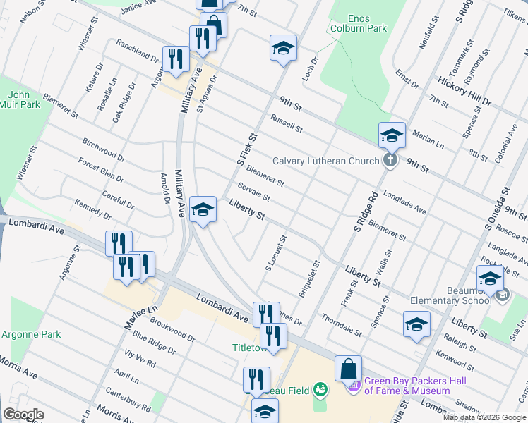 map of restaurants, bars, coffee shops, grocery stores, and more near 1411 Servais Street in Green Bay