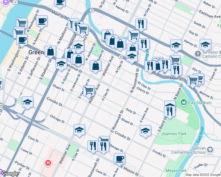 map of restaurants, bars, coffee shops, grocery stores, and more near 111 S Clay St in Green Bay