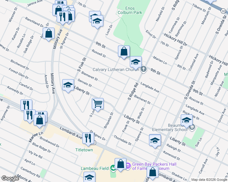 map of restaurants, bars, coffee shops, grocery stores, and more near 1357 Biemeret Street in Green Bay