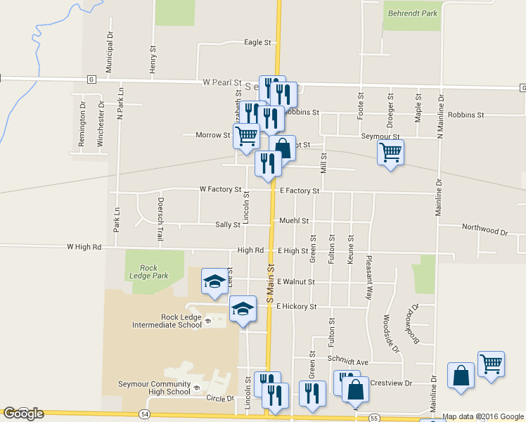 map of restaurants, bars, coffee shops, grocery stores, and more near 345 South Main Street in Seymour